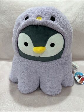Takashoji plush penguin with purple lavender octopus costume